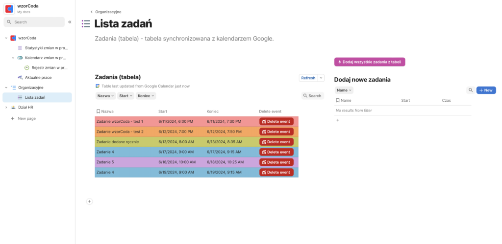 tabela zadań synchronizowanych z kalendarzem Google