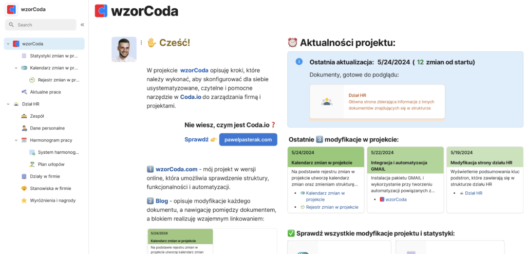 wzorCoda - strona główna projektu w coda.io