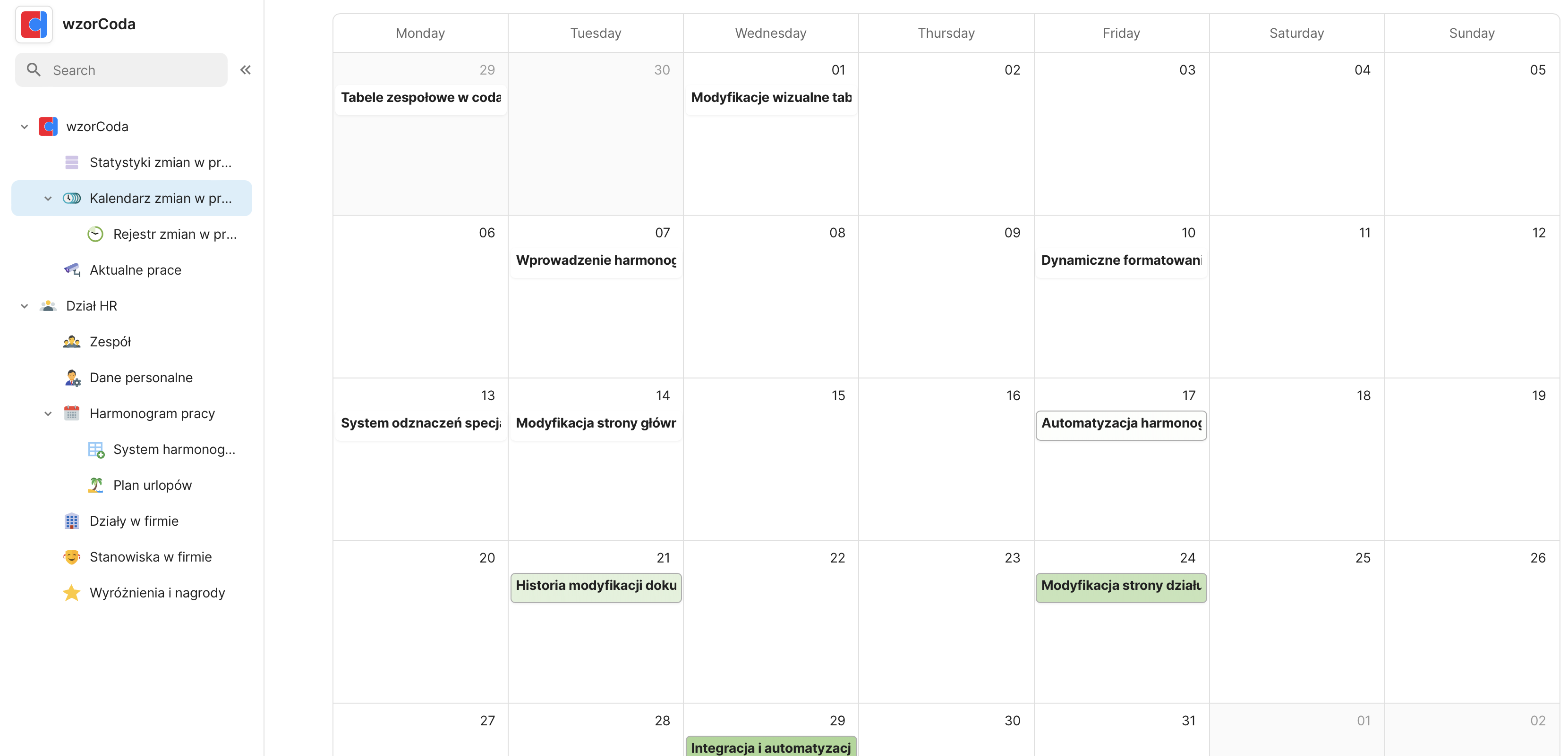 Kalendarz zmian w projekcie wzorCoda